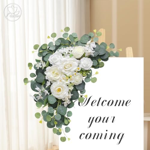 Odouzy Artificial Wedding Arch Flowers for Wedding Sign,Set of 2 for Welcome Ceremony Sign,Faux Floral Swags,Wedding, Banquet and Reception Backdrop Floral Decoration (White Champagne) - Image 3