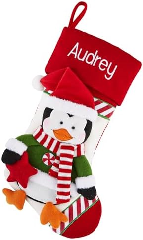 Let's Make Memories Personalized Christmas Stocking - Stockings for Family - Embroided - 3-D Plush - Christmas Decor - 8"x18" - Candy Cane Family - Penguin by LetsMakeMemories