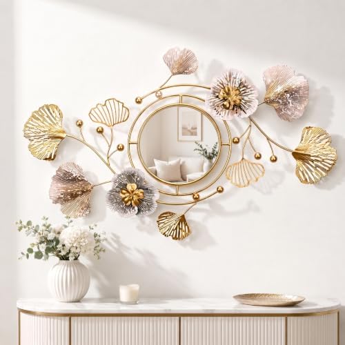 47" Large 3D Ginkgo Floral Metal Wall Decor Mirror by JXQXYN