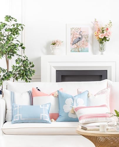 Hofdeco Premium Coastal Patio Indoor Outdoor Throw Pillow Cover Only, 20"x20" Water Repellent for Backyard, Couch, Baby Blue Embroidered Stripes with Tassels - Image 3