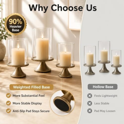 Hurricane Glass Candle Holders Set of 3, Weighted Base for Pillar Candles - Image 4