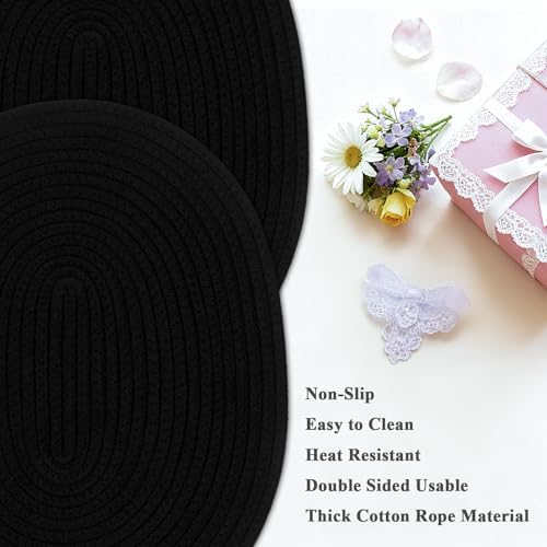 Oval Woven Placemats Set of 6, Boho Cotton Rope Braided Table Mats, 17x13 Inches Non Slip Heat Resistant Place Mats for Dining Room, Thick Hot Pads for Farmhouse Kitchen Table Decor. (Black) - Image 3