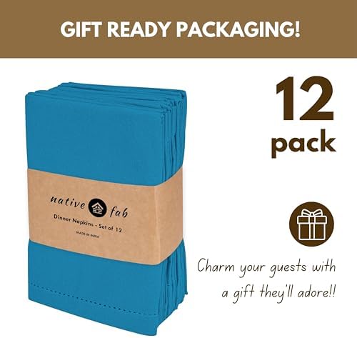 Native Fab Cloth Napkins Set of 12, 18x18 inch, Hemstitched Edges with Mitered Corners, Soft, Absorbent, Reusable Cotton Napkins for Celebrations, Events, Lunch, Dinner - Turquoise Blue - Image 6