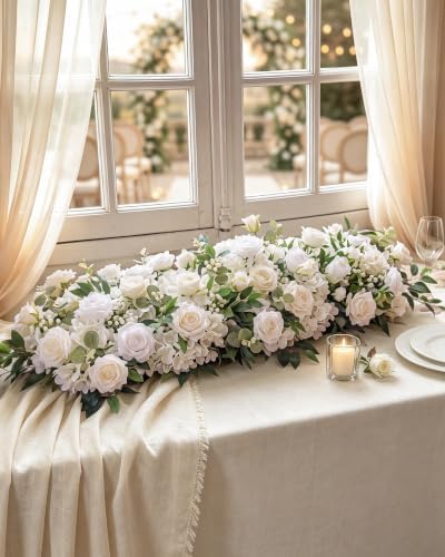 36inch Aisle Flower Garland with Chiffon Sheer Drape, White Rose and Hydrangea, Artificial Flowers for Wedding Arch, Backdrop, Reception Table Decor - Floral Runner for Ceremony Pathway & Bridal Suite - Image 4