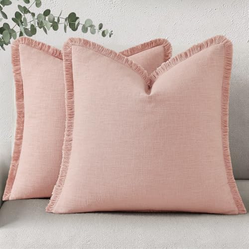 decorUhome Linen Fringe Pink Throw Pillow Covers 20x20 Set of 2 by decorUhome