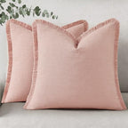 decorUhome Linen Fringe Pink Throw Pillow Covers 24x24 Set of 2 by decorUhome
