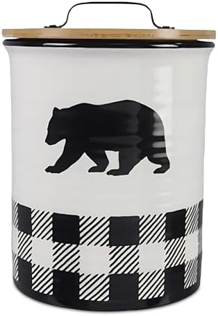 Young's Ceramic Treat Jar with Airtight Lid, Black and White Buffalo Plaid Bear Dog Treat Container, Decorative Cat Food Storage Canister by YoungsInc
