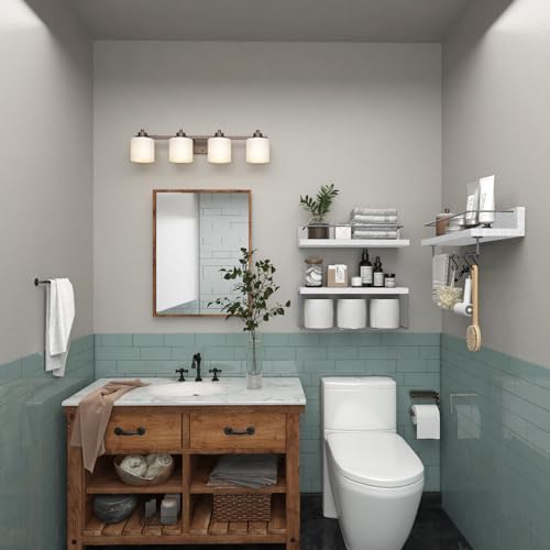PopiShelves Bathroom Shelves Over Toilet for Wall, Floating Shelves with Storage Basket Paper Holer for Kitchen Living Room, Bedroom & Classroom, Set of 3 (White and Grey) - Image 5