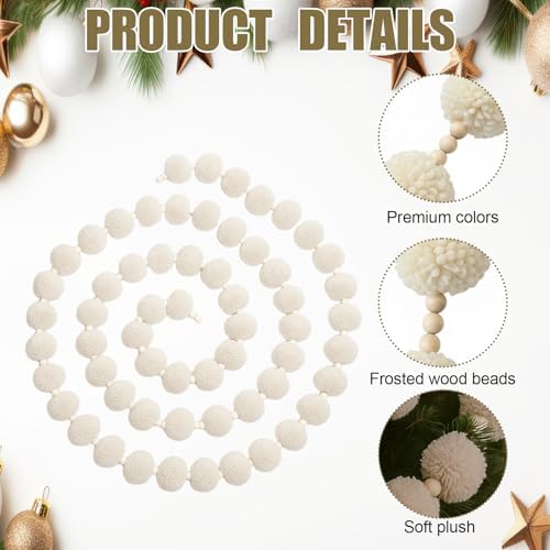 Threehoney 16ft Yarn Pom Ball Garland Boho Christmas Decor, White - Image 3