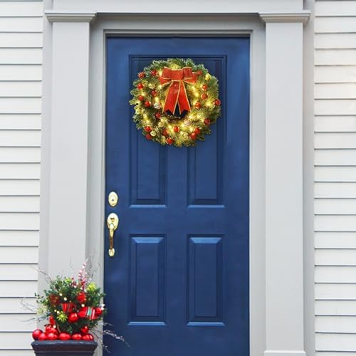 Juegoal 16 Inch Pre-Lit Christmas Wreath with Metal Hanger, Large Red Bow and Colored Balls, Battery Operated with Warm White 40 LEDs Lights, Front Door Spruce Lighted Wreath X-max Decorations - Image 5