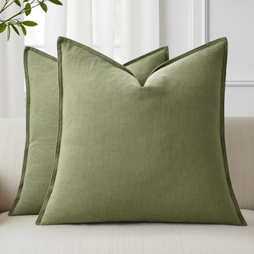 decorUhome Fall Olive Green Linen Throw Pillow Covers 26x26 Set of 2 by decorUhome
