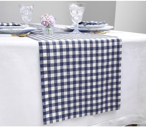 Solino Home 100% Pure Linen Table Runner Navy, Gingham Check 14 x 72 in - Image 2