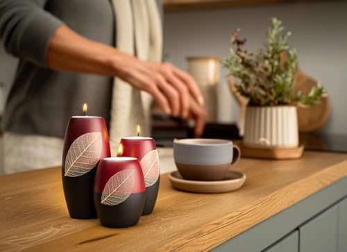 IYARA CRAFT 3 Wooden Candle Holders Decorative Candle Holders with Beauty Decor Dry Leaf – Intricate Details – Matte Wood Finish – Ideal for Modern & Rustic Settings 2 Tones, red, Black (Rugby Shape) - Image 6
