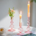 Hewory Glass Candlestick Holders Set: 3PCS Pink Candle Holder Taper Candle Holders Bulk, Crystal Ribbed Candle Sticks Holder Decor for Table Centerpiece Wedding Christmas Thanksgiving Dinner by Hewory
