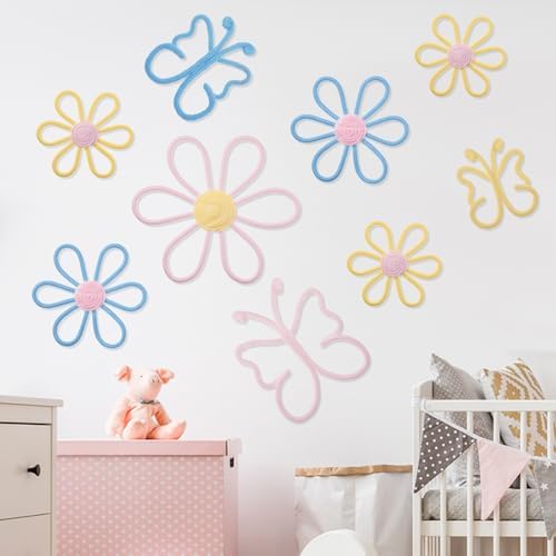 Wesiti 9 Pcs Boho Nursery Decor 3 Size Daisy Flower and Butterflies Woven Macrame Wall Hanging for Home Nursery Bedroom Dorm Wall Art(Classic Color) by Unteilti