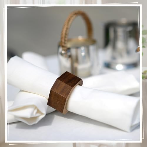 Zhehao 50 Pcs Wood Napkin Rings Acacia Napkin Buckles, Octagon, Brown - Image 3