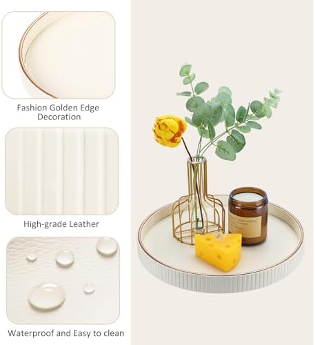 KINGFOM Round PU Leather Decorative Tray with Gold Trim, Catchall Tray for Jewelry, Keys & Small Accessories, Modern Vanity Tray for Dresser, Entryway & Bathroom Counter (Ivory White) - Image 4