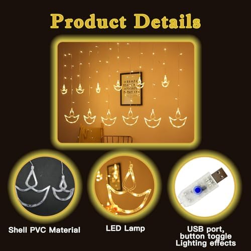 Diwali Decorations Items, Diwali Lights, 12 Warm White Diya Curtain Decoration Lights, Happy Diwali Decorations for Indoor Outdoor, Diyas for Decor (Diwali String Lights 1) - Image 2