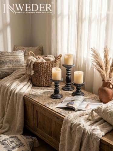 Wood Pillar Candle Holder: Rustic Distressed Black Candle Stand - Image 5