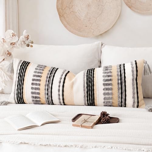 NUYECY Chenille and Cotton Long Pillow for Bed, Striped Textured Boho Lumbar Throw Pillow Cover 14x36, Neutral Accent Decorative Extra Long Body Pillow Case for Couch, Sofa, Bedroom, Grey by NUYECY