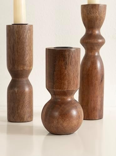 Kate and Laurel Pico Modern Three-Piece Mango Wood Taper Candle Holder Set, Set of 3, Walnut Brown, Transitional Wooden Candlestick Holders for Dining Table or Fireplace Mantel Display - Image 6