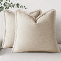 decorUhome Linen Fringe Natural Beige Throw Pillow Covers 18x18 Set of 2 by decorUhome