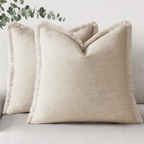 decorUhome Linen Fringe Natural Beige Throw Pillow Covers 22x22 Set of 2 by decorUhome