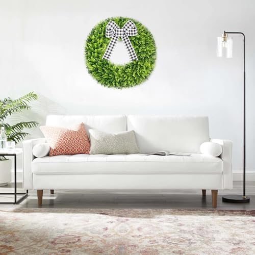 Vlorart 28" Faux Round Boxwood Wreath, Artificial Large Boxwood Wreath Front Door Wreaths Artificial Spring Summer Greenery Hanging with A Plaid Bow for Villa Wall Hanging Window Wedding Party Decor - Image 6