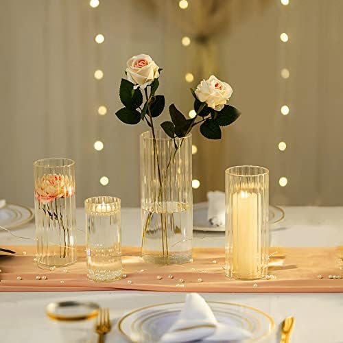 Hewory Glass Cylinder Ribbed Vases, 6Pcs Tall Clear Vase for Centerpieces - Image 4