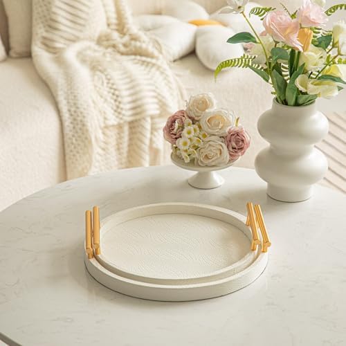 2 Piece White Round Serving Tray with Handles, Woven-Texture Faux Leather Ottoman Tray for Living Room, Decorative Tray for Coffee Table Home Decor - Image 3
