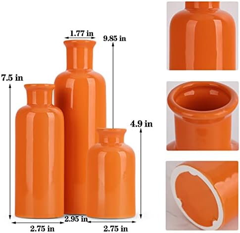 Ceramic Vase Set - 3 Orange Small Vases, Farmhouse Country Flower Vase Home Decor, Living Room Decoration, Table Decoration, Fireplace Decor, and Entrance Decorations Centerpieces - Image 2