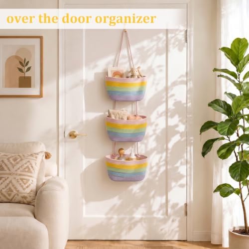 TeoKJ Over the Door Hanging Basket, 3-Tier Woven Cotton Wall-Mounted Storage Organizer Bag Decorative Hanging Nursery Baskets, Rainbow - Image 2