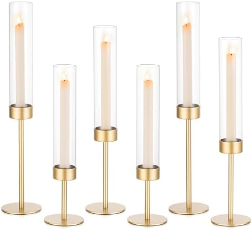Sziqiqi Hurricane Candle Holders for Wedding: 6 Pcs Gold Candlestick Holders Table Centerpiece - Taper Candle Sticks Holder for Christmas Party by SZIQIQI