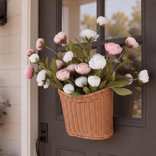 Fuutreo Faux Silk Peony Basket Wreath Artificial Floral Door Hanging Basket - Image 6