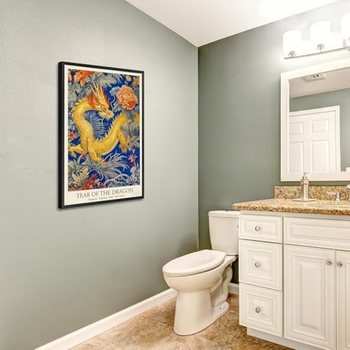 Chinese Lunar Year of the Dragon Art Print – Chinese Zodiac Wall Decor with Orange Peony & Iris Pattern Gilded Dark Blue Oriental Home Decor Poster for Bathroom Bedroom 8X12 in Black Framed - Image 5