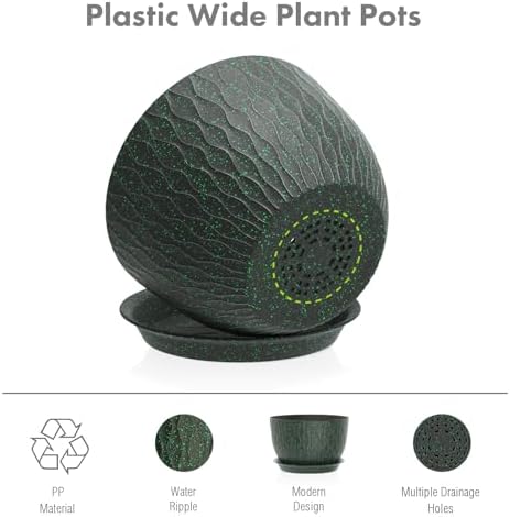 Meowell 12/10/9 inch Large Plant Pots, 3 Pack Wide Flower Pots for Outdoor Indoor Plants, Water Ripples Plastic Planters with Drainage Holes and Saucers for Garden House, Black with Green Speckles - Image 4