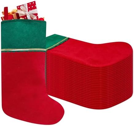24 Pack Felt Christmas Stockings, 19 Inches Red and Green Christmas Stockings Hanging Ornaments, Green Cuff with Gold Trim Christmas Stockings for Family Christmas Holiday Decorations by Tokforty