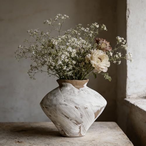 Wabi Sabi Vintage Vase, 6.3" Tall Wabi Sabi Decor Rustic Farmhouse Pottery Vase for Centerpiece, White Textured Pottery Flower Vase for Home Decorative, Table, Living Room, Bedroom, Bathroom, Kitchen by QIANLING