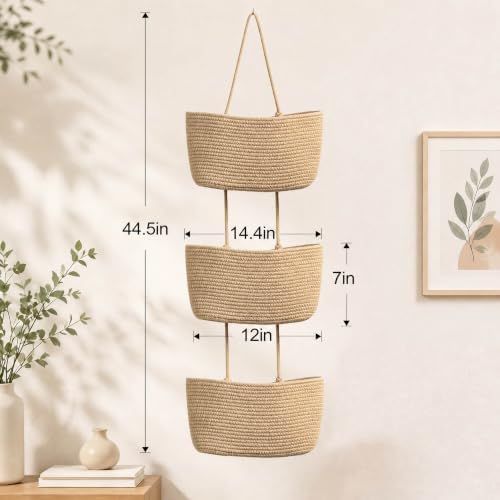3-Tier Over the Door Hanging Basket, Cotton Rope Woven Decorative Hanging Storage, Large Wall Basket for Nursery Bedroom, Foldable Height Adjustable Organizer, Jute Color (Large(14.8"L×7.1"H)) - Image 2