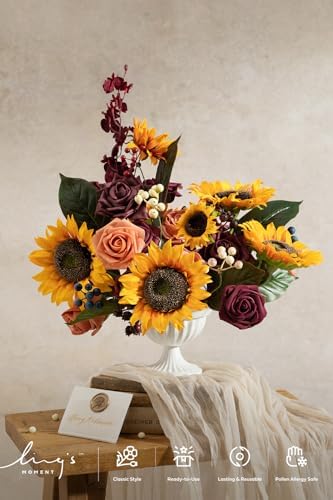 Ling's moment Artificial Wedding Flowers Grand Combo, Sunflower & Marsala - Image 2