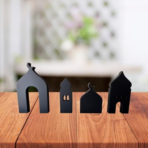 4-Pcs Masjid & Minar Decor Set (5"–7") — Elegant Contemporary Islamic Home Accent & Arabian Style Table Decor (Black) - Image 3
