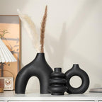 White Ceramic Vases Set of 3, Minimalist Nordic Modern Style, Round Donut Vase for Dried Flowers, Pampas Grass & Fresh Blooms,Boho Home Decor for Table Shelf Living Room Office (Black) by Unknown