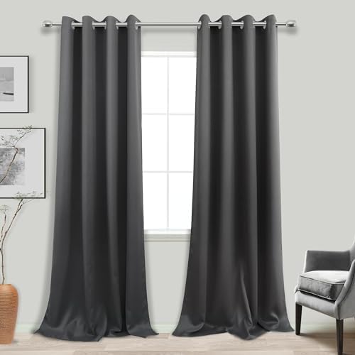 KOUFALL Dark Grey Black Out Curtains 100 Inches Long 2 Panels for Living Room, Thermal Insulated Noise Reducing Room Darkening Satin Drapes for Bedroom, Charcoal Gray - Image 3