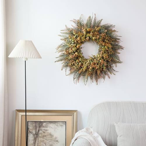 26" Artificial Fall Eucalyptus & Ferns Wreath for Front Door (Green Orange) - Image 5
