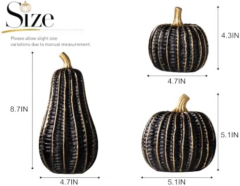 Pumpkin Fall Decor Indoor, 3Pcs Resin Black & Gold Pumpkin for Decorating - Image 2