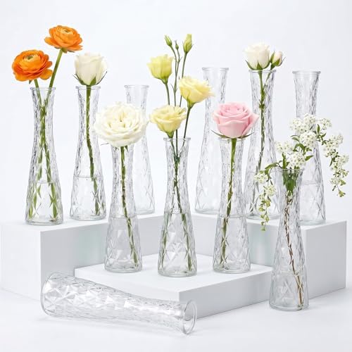 12 Pcs Diamond Pattern Glass Bud Vases, Clear Small Single Stem Flower Vase, Table Centerpiece Decor Vase for Wedding Party Home Kitchen Office Decoration Gift by SHOHAYTO