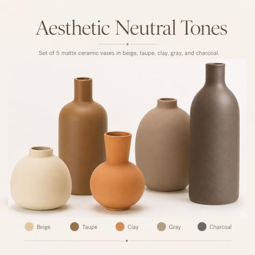 Small Neutral Ceramic Vase Set – Cute 5 Matte Earth-Tone Vases for Japandi, Scandinavian, or Minimalist Home Decor, Table, Entryway, Shelf & Mantel Styling - Image 4