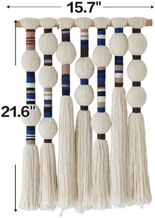 Macrame Wall Hanging Blue Handmade Yarn with Ball Tassels 15.7" Wx 21.6" L - Image 6