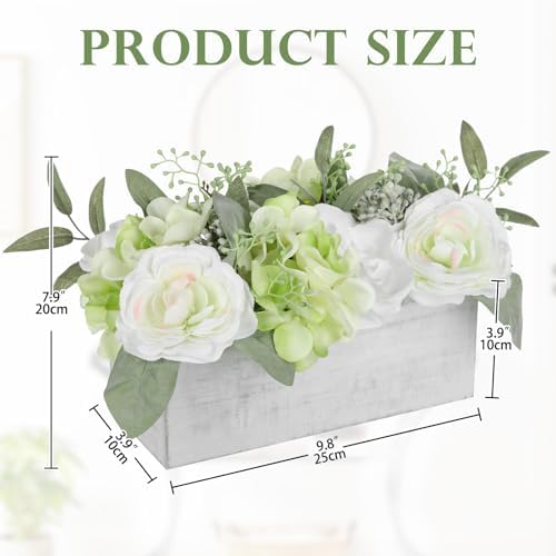 DILATATA Flower Arrangement with Wooden Vase 10" Artificial Flowers in Pot - Fake Flowers in White Rectangular Wooden Vase Potted Faux Flower Centerpieces for Table Decor Living Room - White - Image 2