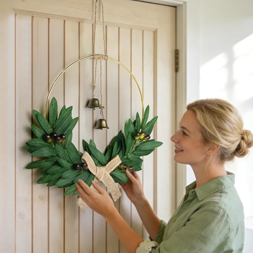 Spring Olive Wreath for Front Door 13" Artificial Spring Greenery Wreath with Olive Leaves Burlap Bow Summer Wreaths All Season for Farmhouse Porch Window Hanging Wall Home Decor - Image 3